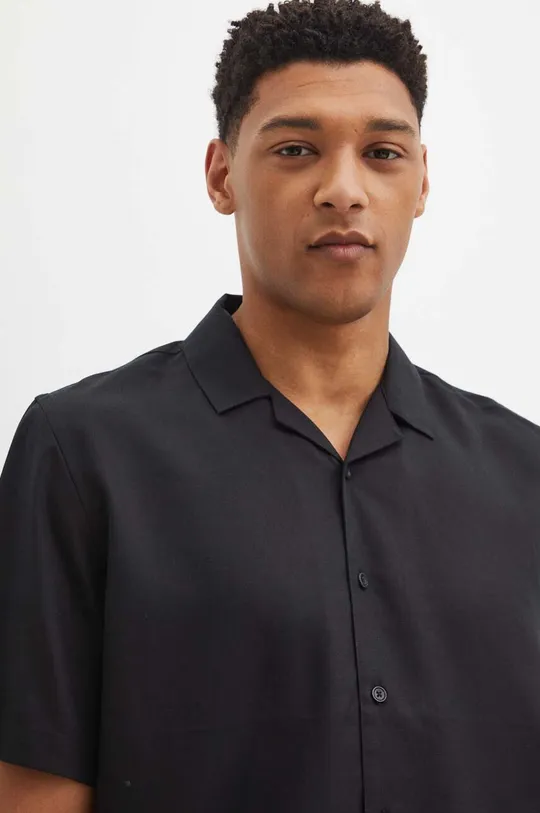 Koszula z domieszką lnu męska z kołnierzykiem typu resort kolor czarny Męski
