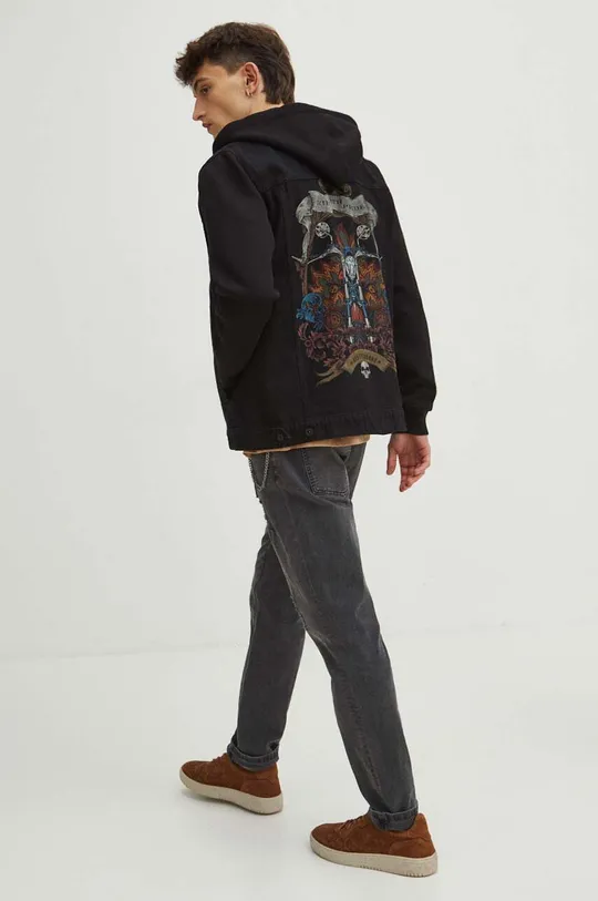 czarny Kurtka jeansowa męska z nadrukiem kolor czarny Męski