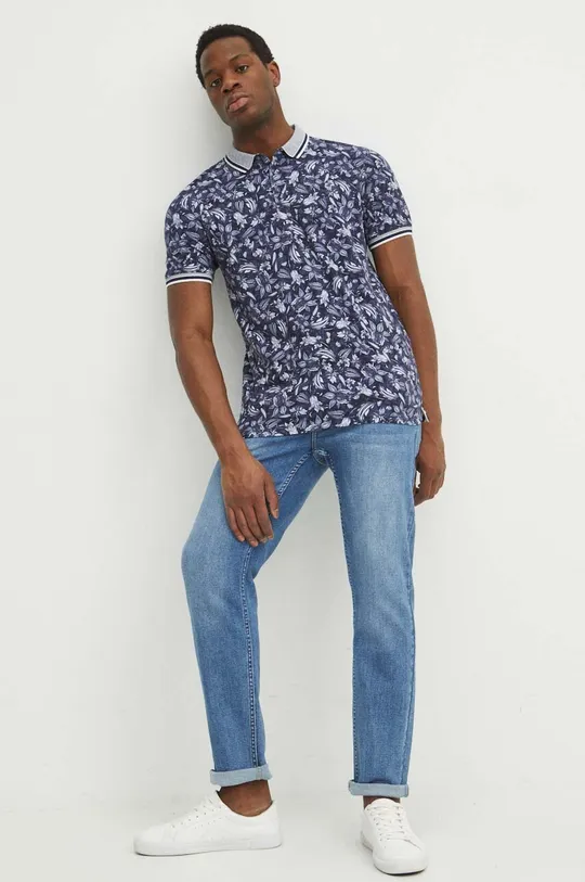 Bavlněné polo tričko pánské s elastanem tmavomodrá barva námořnická modř