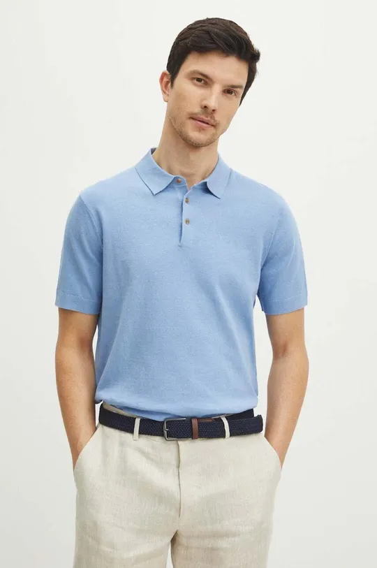 modrá Polo tričko s lněnou směsí jednobarevné modrá barva Pánský