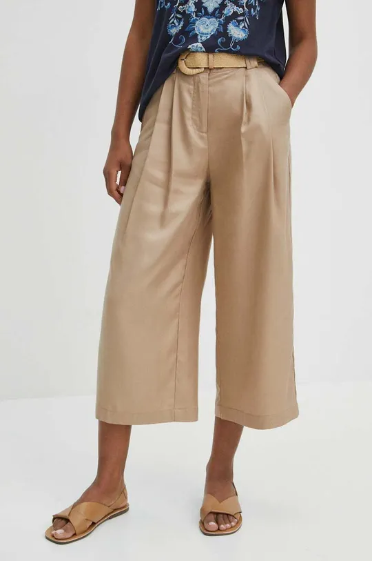 beżowy Spodnie damskie culottes gładkie kolor beżowy Damski