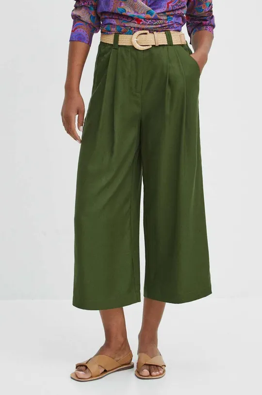 zielony Spodnie damskie z paskiem culottes gładkie kolor zielony Damski