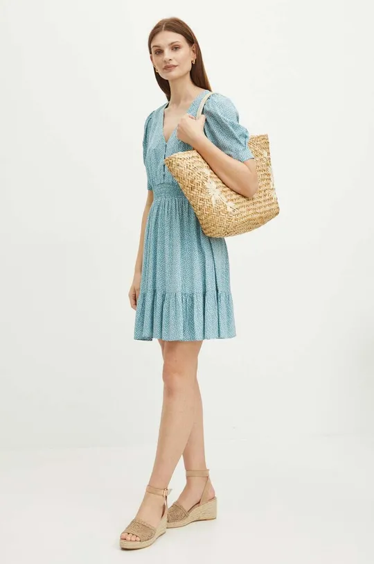 Sukienka damska mini rozkloszowana wzorzysta kolor turkusowy turkusowy