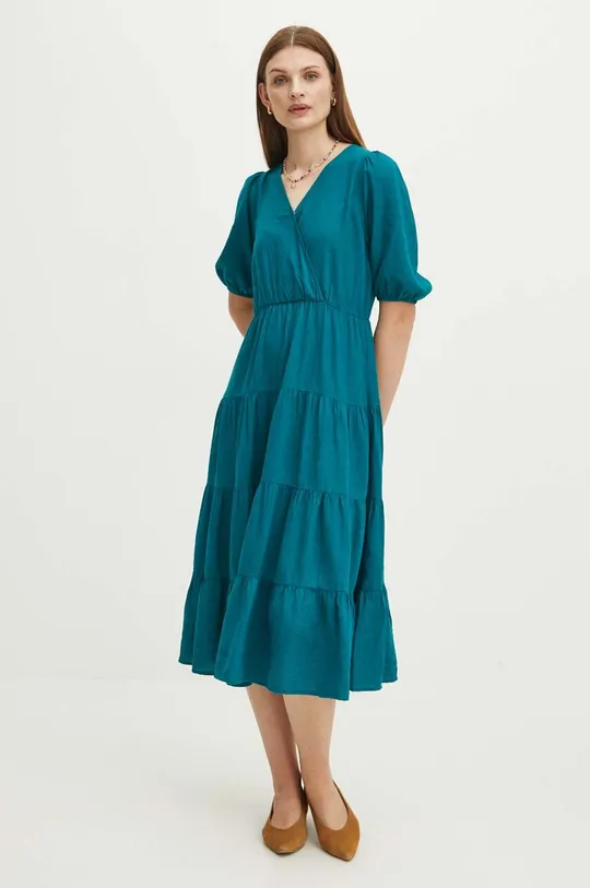 Ľanové šaty dámska zelená farba tyrkysová