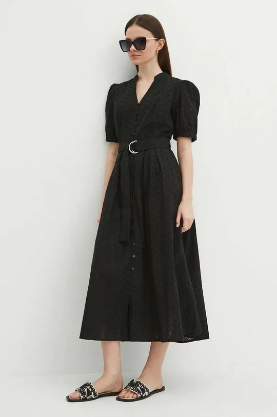 Bavlnené šaty dámske midi s ozdobnou výšivkou čierna farba casual čierna RS24.SUD807