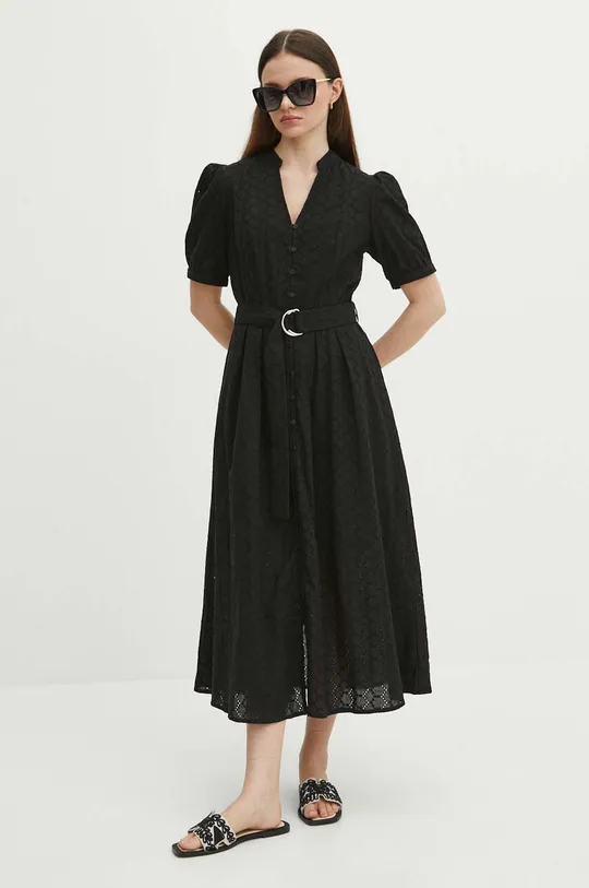 Sukienka bawełniana damska midi z ozdobnym haftem kolor czarny czarny