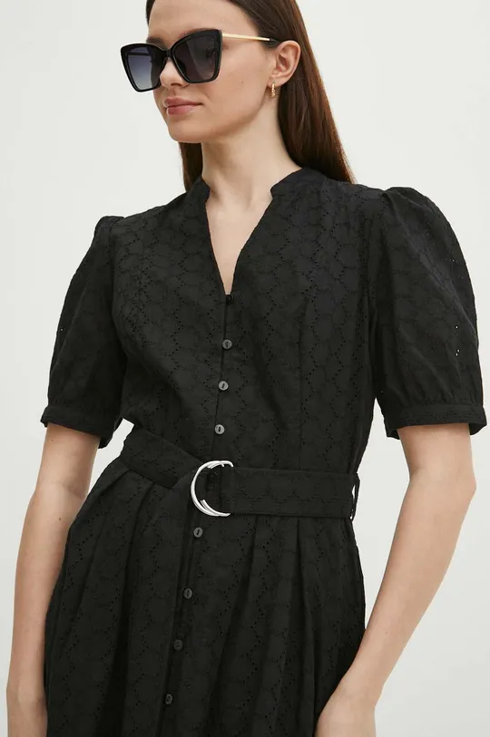 czarny Sukienka bawełniana damska midi z ozdobnym haftem kolor czarny