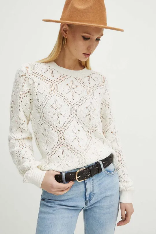 beżowy Sweter bawełniany damski ażurowy kolor beżowy