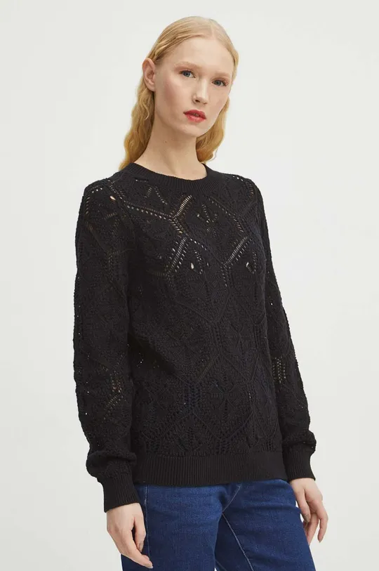 czarny Sweter bawełniany damski ażurowy kolor czarny Damski