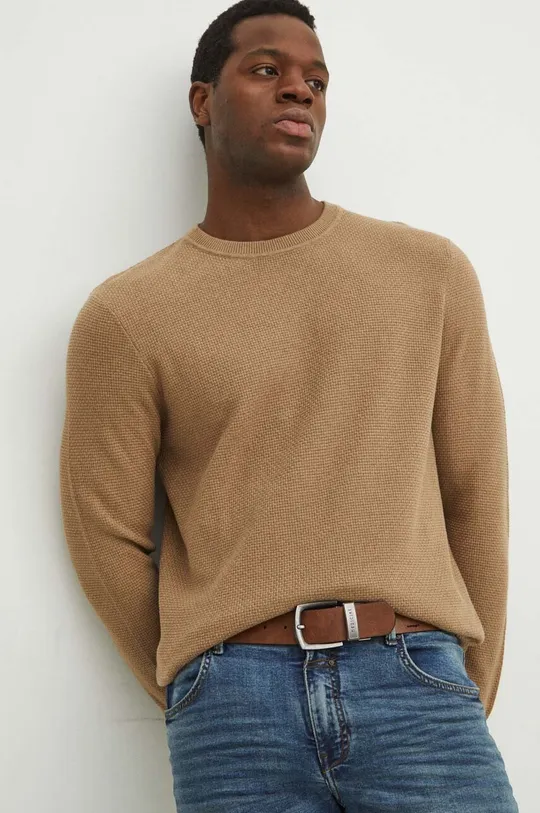 Sweter bawełniany męski z fakturą kolor beżowy beżowy