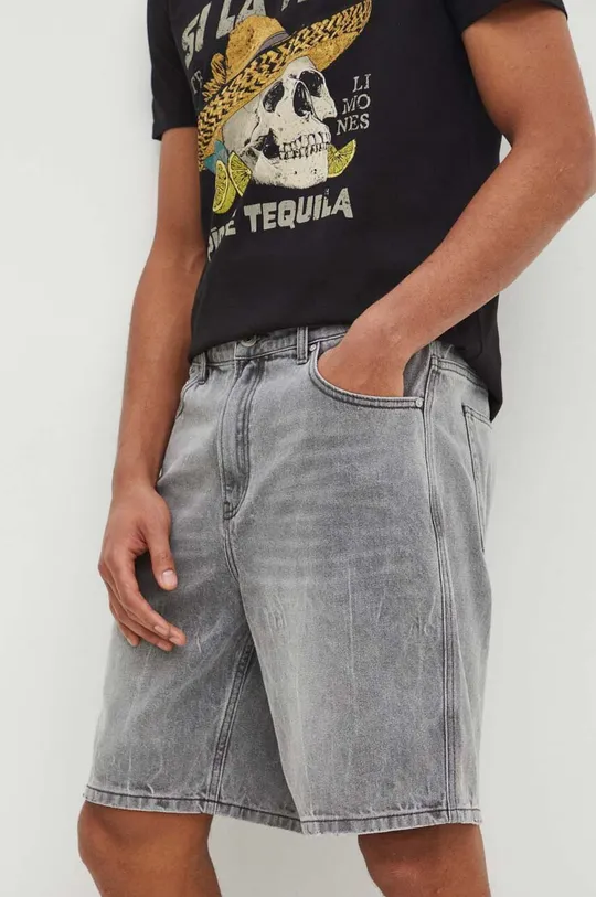 szary Szorty jeansowe bawełniane męskie z efektem sprania kolor szary Męski
