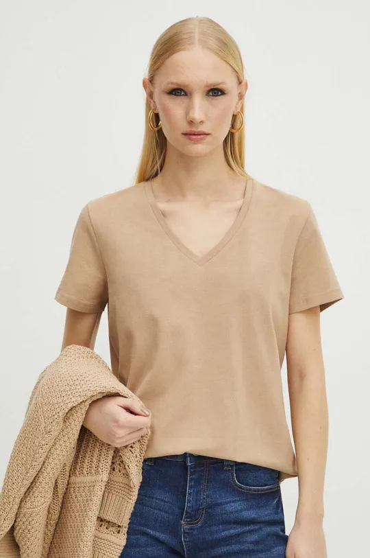 beżowy T-shirt bawełniany damski z domieszką elastanu kolor beżowy Damski