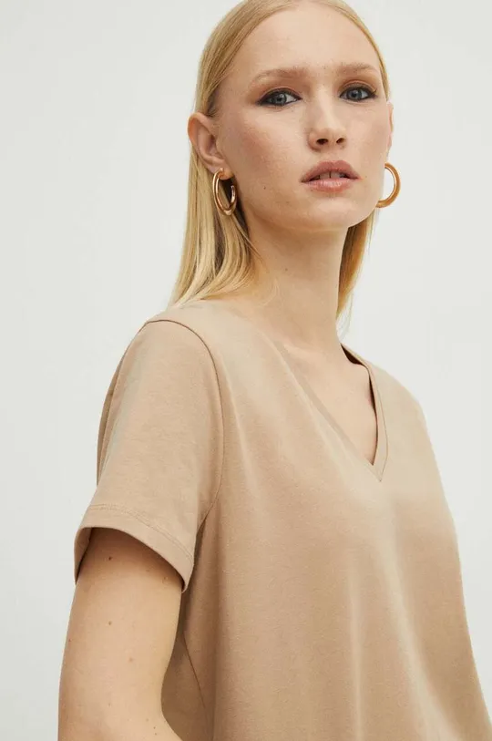 béžová Bavlnené tričko dámske s prímesou elastanu béžová farba