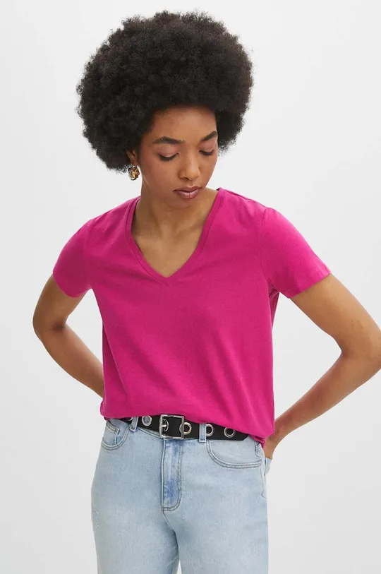 różowy T-shirt bawełniany damski z domieszką elastanu Damski