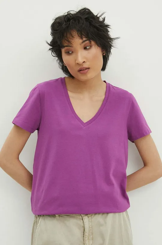 fioletowy T-shirt bawełniany damski z domieszką elastanu kolor fioletowy