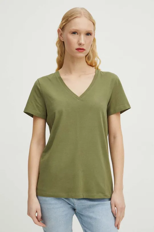 zielony T-shirt bawełniany damski z domieszką elastanu kolor zielony Damski