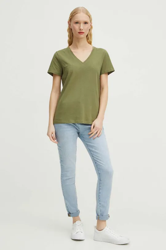 Bavlnené tričko dámske s prímesou elastanu zelená farba zelená