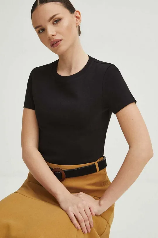 T-shirt bawełniany damski gładki kolor czarny czarny