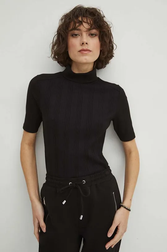 czarny T-shirt bawełniany damski z domieszką elastanu prążkowany kolor czarny Damski