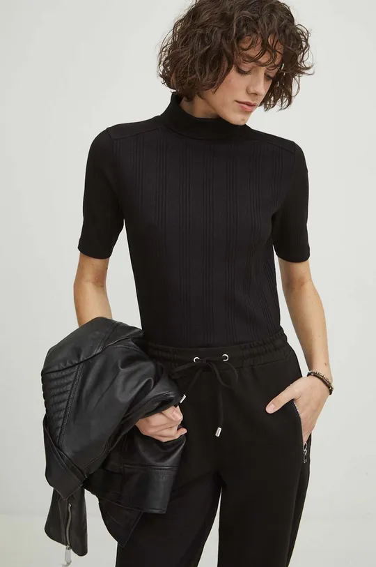 czarny T-shirt bawełniany damski z domieszką elastanu prążkowany kolor czarny