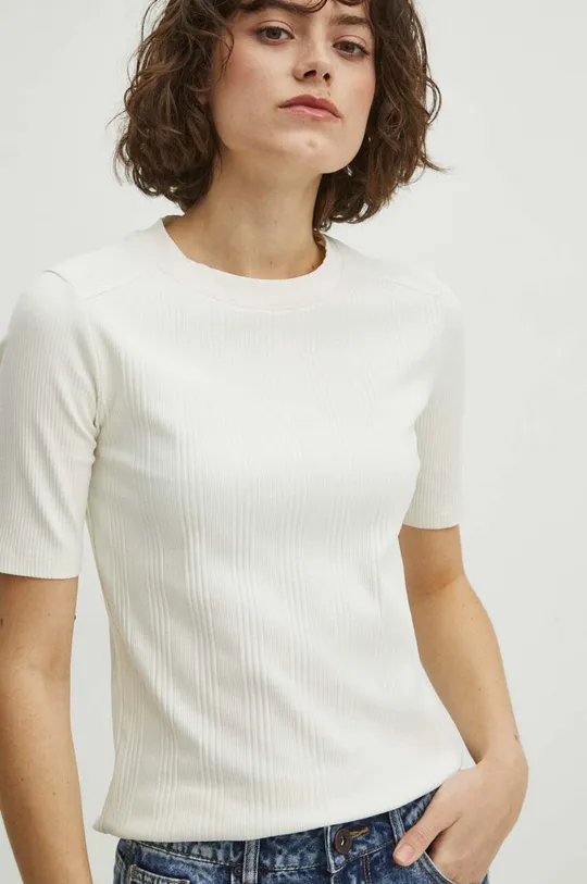 béžová Bavlnené tričko dámske s elastanom pruhované béžová farba