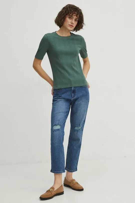 T-shirt bawełniany damski z domieszką elastanu prążkowany kolor zielony zielony