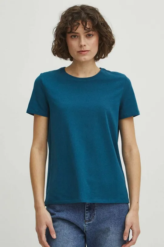 turkusowy T-shirt bawełniany damski z domieszką elastanu kolor turkusowy