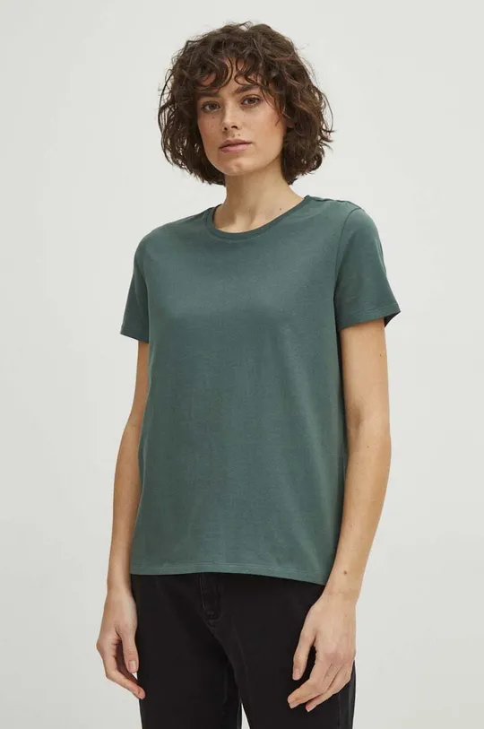 zielony T-shirt bawełniany damski z domieszką elastanu kolor zielony Damski