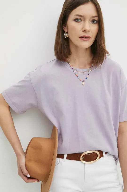 fioletowy T-shirt bawełniany damski z efektem sprania kolor fioletowy Damski