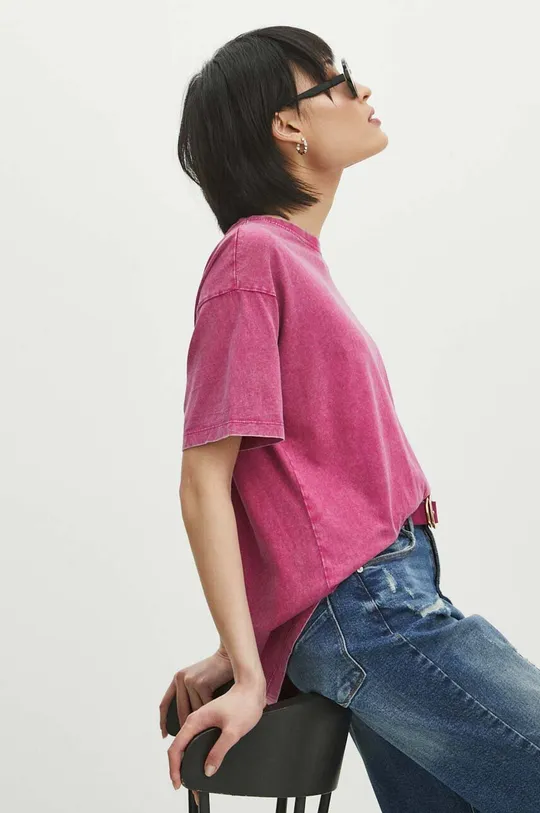 różowy T-shirt bawełniany damski z efektem sprania kolor różowy Damski