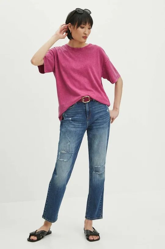 T-shirt bawełniany damski z efektem sprania kolor różowy różowy