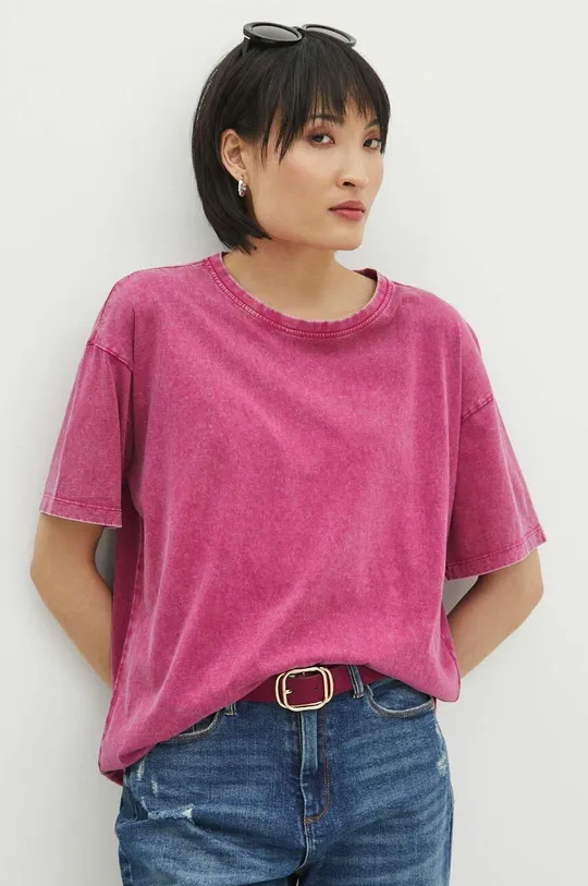 różowy T-shirt bawełniany damski z efektem sprania kolor różowy