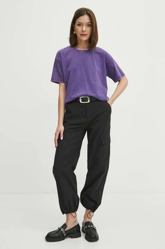 T-shirt bawełniany damski z efektem sprania kolor fioletowy fioletowy