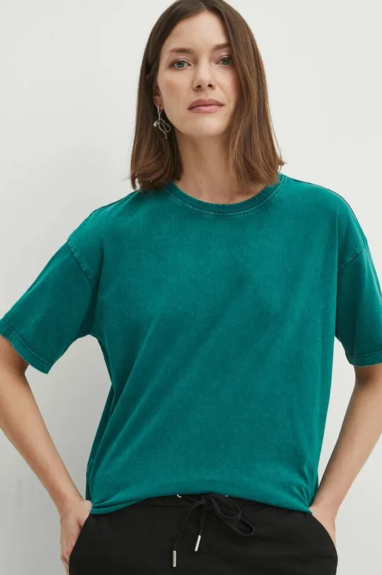 turkusowy T-shirt bawełniany damski z efektem sprania kolor zielony Damski