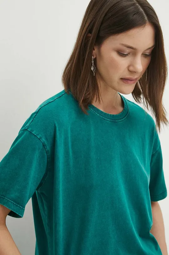 turkusowy T-shirt bawełniany damski z efektem sprania kolor zielony