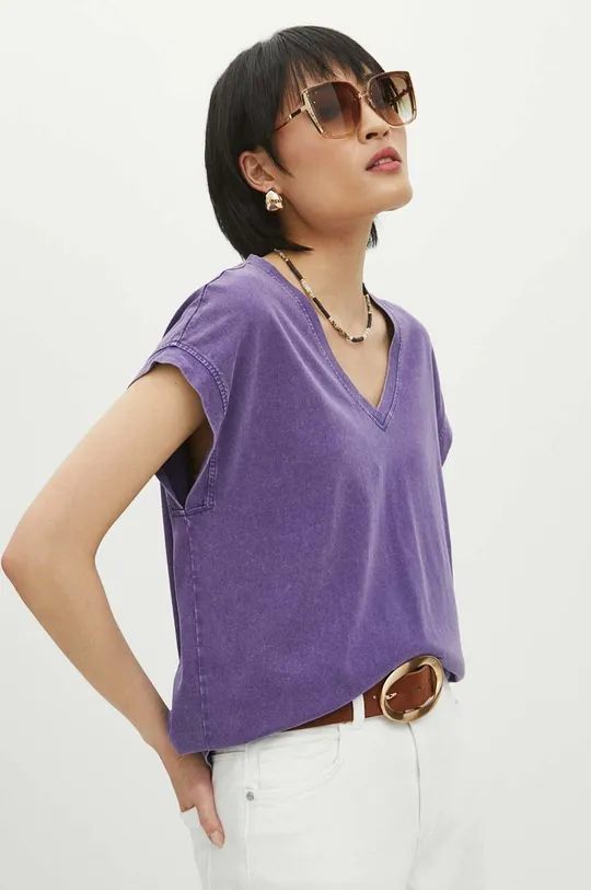 fioletowy T-shirt bawełniany damski z efektem sprania kolor fioletowy Damski