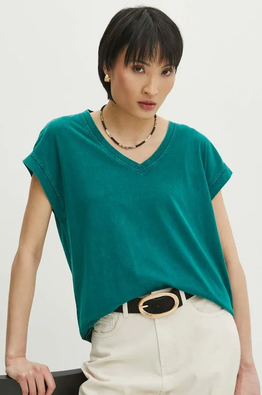 turkusowy T-shirt bawełniany damski z efektem sprania kolor zielony Damski