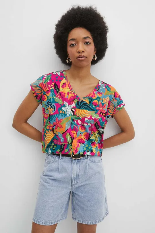 multicolor T-shirt bawełniany damski wzorzysty kolor multicolor Damski