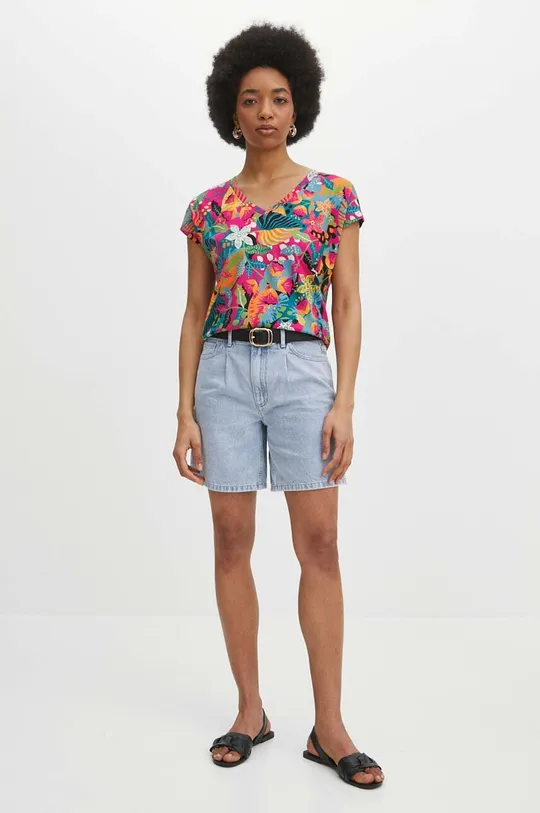 T-shirt bawełniany damski wzorzysty kolor multicolor multicolor