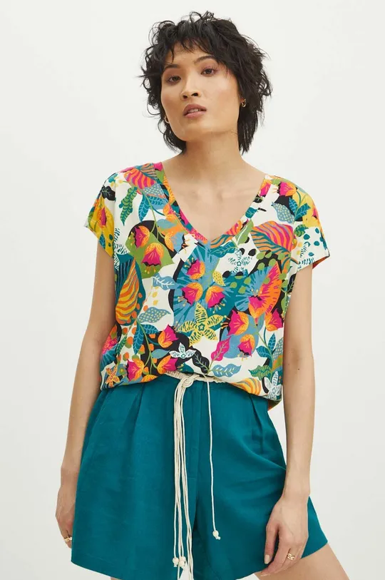 multicolor T-shirt bawełniany damski wzorzysty kolor multicolor