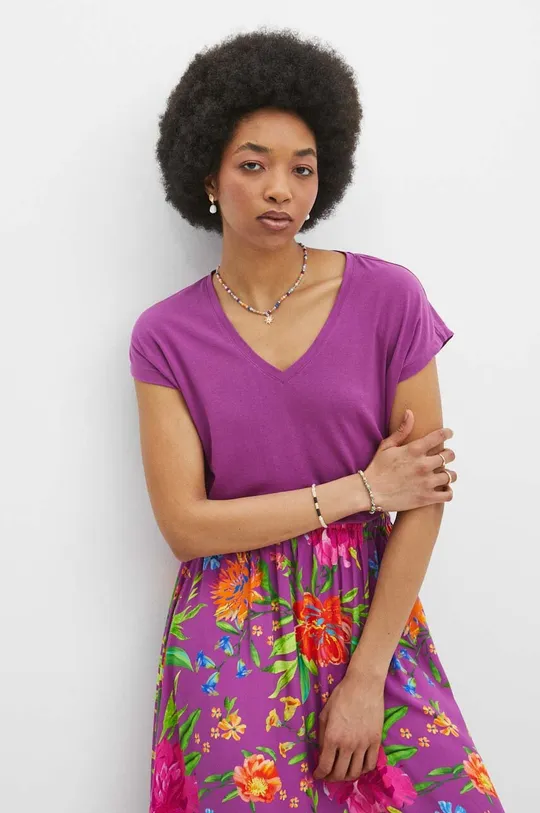 fioletowy T-shirt bawełniany damski z domieszką elastanu kolor fioletowy Damski