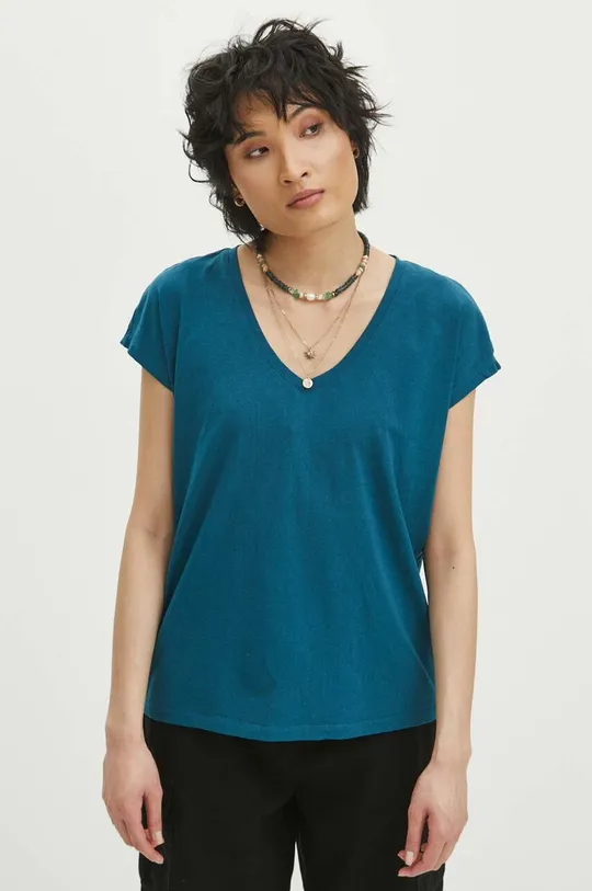 T-shirt bawełniany damski z domieszką elastanu kolor turkusowy turkusowy