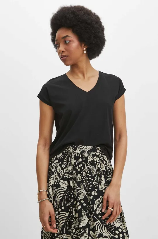 czarny T-shirt bawełniany damski z domieszką elastanu kolor czarny Damski