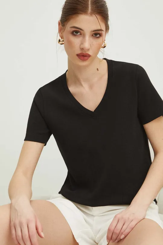 czarny T-shirt bawełniany damski interlock kolor czarny Damski