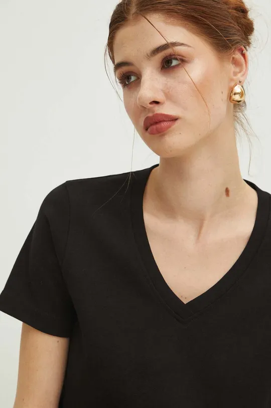 czarny T-shirt bawełniany damski interlock kolor czarny