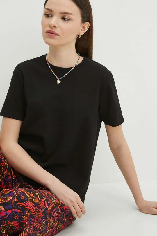 T-shirt bawełniany damski interlock kolor czarny czarny