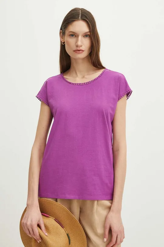 fioletowy T-shirt bawełniany damski z ozdobną aplikacją kolor fioletowy Damski