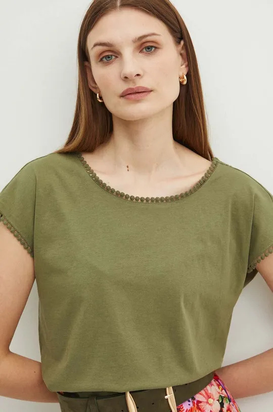 zielony T-shirt bawełniany damski z ozdobną aplikacją kolor zielony Damski