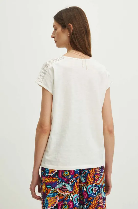 T-shirt bawełniany damski z ozdobnymi wstawkami kolor beżowy 100 % Bawełna