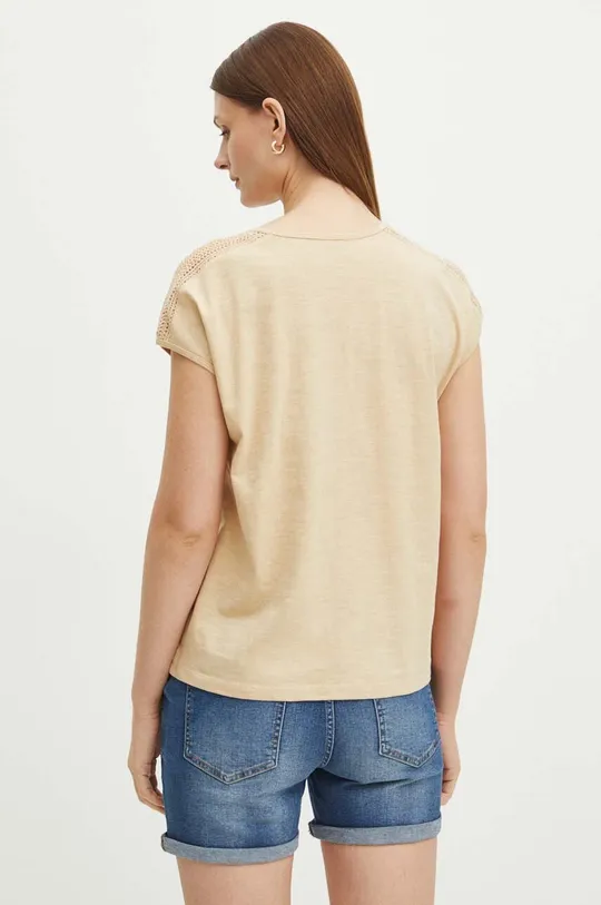 T-shirt bawełniany damski z ozdobnymi wstawkami kolor beżowy 100 % Bawełna